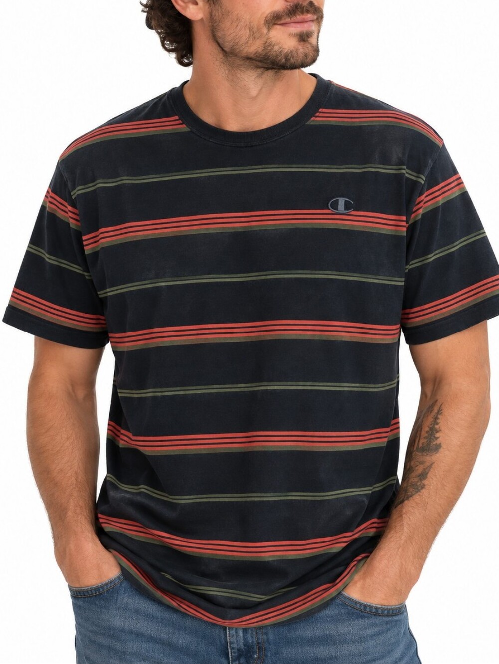 Champion Men’s Striped Crewneck T-Shirt - Orange & Olive Strip , Blue Base, XL